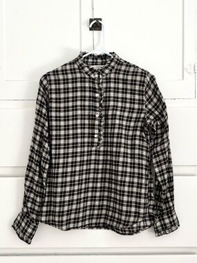 Trovata Birds of Paradis Plaid Ruffle Neck Blouse Cotton Button Top XS